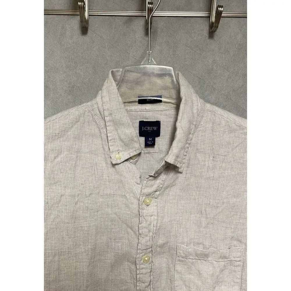 J Crew Shirt Men M Gray Micro Check Slim Linen Button Up Hybrid Casual Academia
